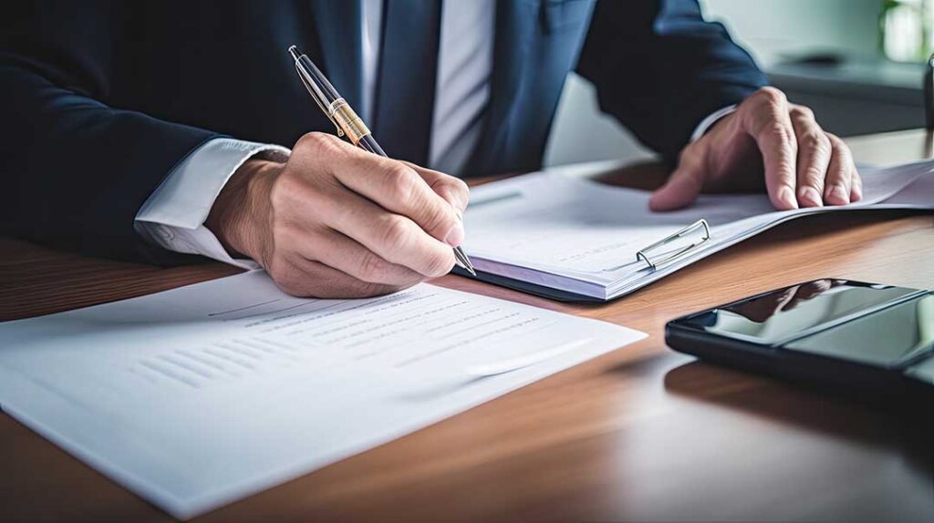 Senior couple reviewing insurance documents and prescription lists at a kitchen table beside reading glasses.